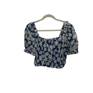 American Eagle Cornflower Blue Daisy Crop Top Puff Sleeve Top Square Neck Small